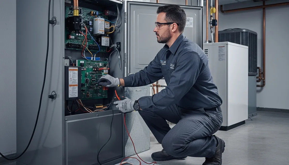 Technician performing furnace repair service in Memphis, TN for Five Star Cooling heating system