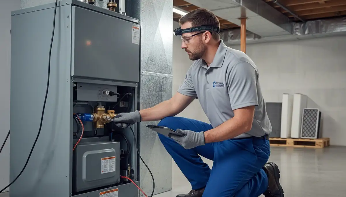 Technician fixing residential furnace during winter service in Memphis, TN for Five Star Cooling