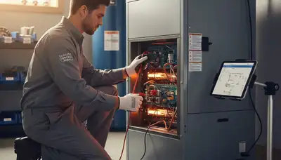 Technician performing heating repair on furnace unit in Memphis, TN for Five Star Cooling