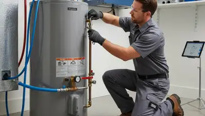 Technician fixing residential water heater during repair service in Memphis, TN